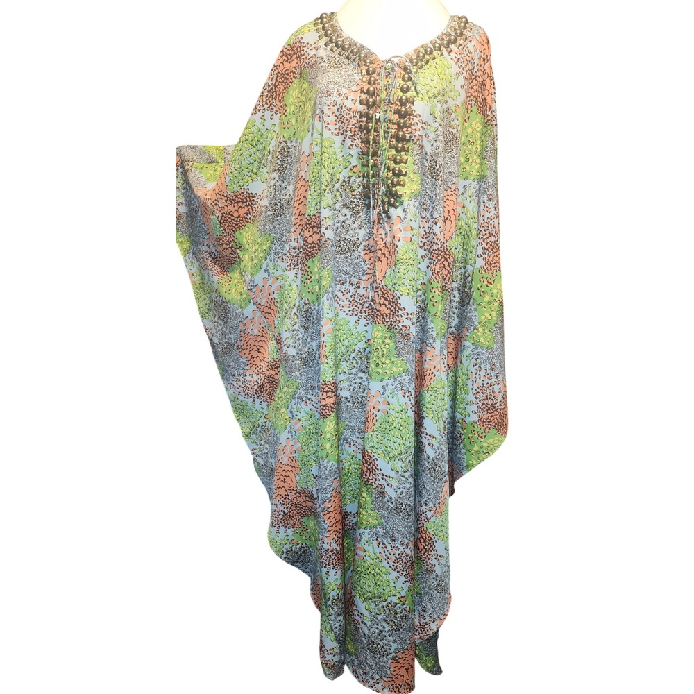 DASH by Kardashian Beaded Kaftan Maxi Dress Blue Green Abstract Print Size M